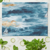 Blauw Teal Zeilboot Kustgolfpatroon Theedoek (Gevouwen)