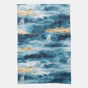 Blauw Teal Zeilboot Kustgolfpatroon Theedoek
