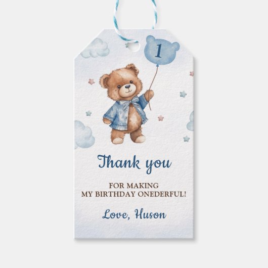 Blauw Teddybeer 1e Verjaardag Dank u Label Cadeaulabel (Voorkant)
