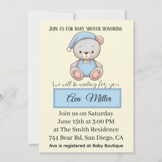 Blauw teddybeer babyshower uitnodiging | (Voorkant)