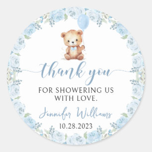 Blauw teddybeer ballon jongen babyshower bedankt ronde sticker
