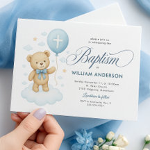 Blauw teddybeer doopuitnodiging voor jongen kruisj