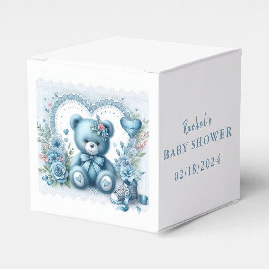 Blauw Teddybeer Kant en Bloemen 1 - Baby shower Bedankdoosjes (Voorkant Zijde)