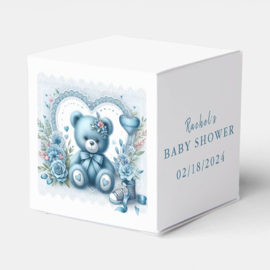 Blauw Teddybeer Kant en Bloemen 1 - Baby shower Bedankdoosjes (Achterkant)