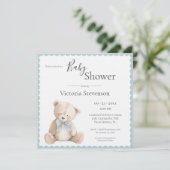 Blauw Tederbeer Babyshower Uitnodiging (Staand voorkant)