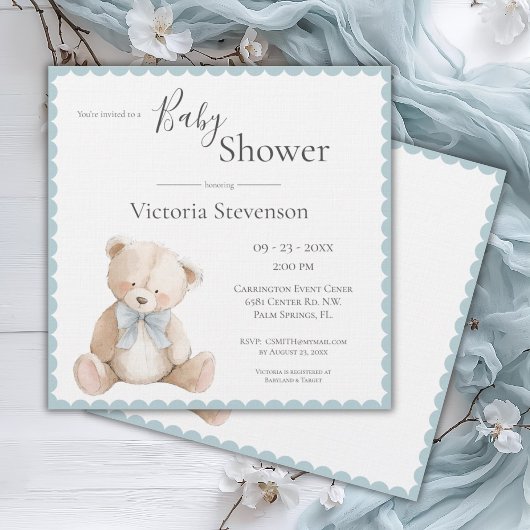 Blauw Tederbeer Babyshower Uitnodiging
