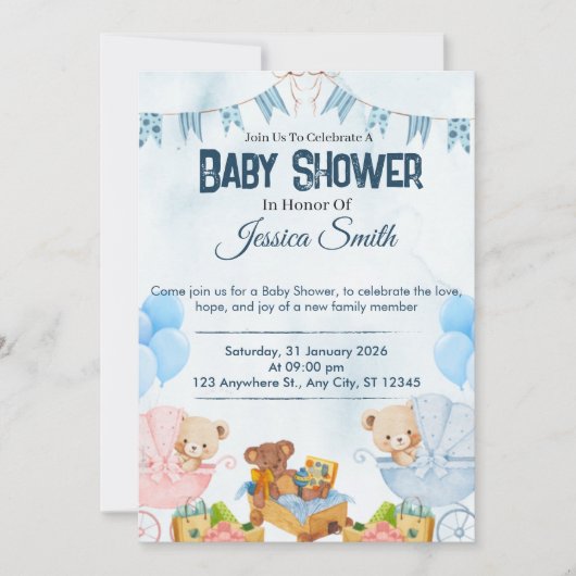 Blauw Tedere Beer Babyshower Uitnodiging (Voorkant)