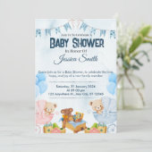 Blauw Tedere Beer Babyshower Uitnodiging (Staand voorkant)