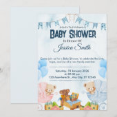 Blauw Tedere Beer Babyshower Uitnodiging (Voorkant / Achterkant)