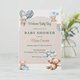 Blauw Tedere Beer Heet Luchtballon Baby Shower Kaart