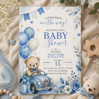 Blauw Tedere Beer Rijdt Auto Baby Shower Uitnodigi Kaart