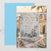 Blauw Tedi Beer Babyshower Uitnodiging (Voorkant / Achterkant)