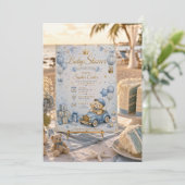 Blauw Tedi Beer Babyshower Uitnodiging (Staand voorkant)