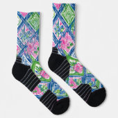 Blauw Tegel Bloemstuk Aangepaste Naam Crew Sokken (Rechts)