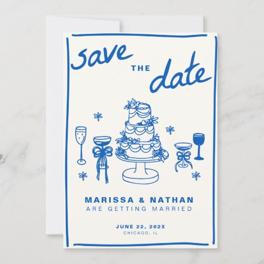 Blauw Tekenen Samen Trouwen Met Foto Save The Date (Voorkant)