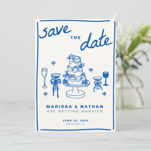 Blauw Tekenen Samen Trouwen Save The Date (Staand voorkant)
