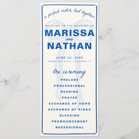 Blauw Tekeningen Samen Boog Trouwprogramma Programmakaart (Voorkant)