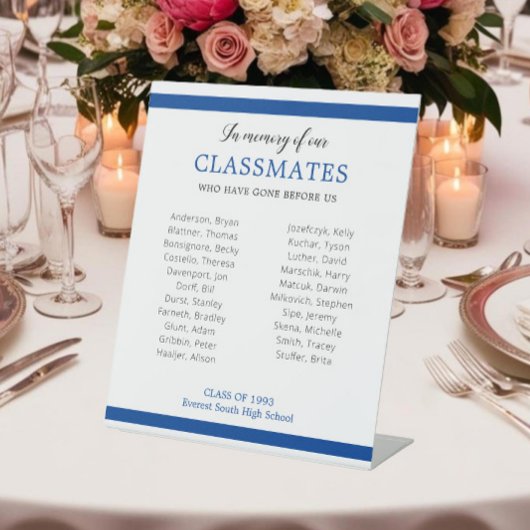 Blauw ter nagedachtenis van onze klasgenoten reüni reclamebord met voetstuk