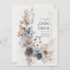 Blauw Terracotta Aquarel Goud Bloem Bruiloft Kaart