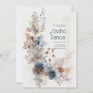 Blauw Terracotta Aquarel Goud Bloem Bruiloft Kaart