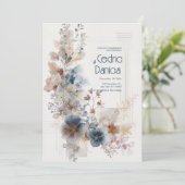 Blauw Terracotta Aquarel Goud Bloem Bruiloft Kaart (Staand voorkant)