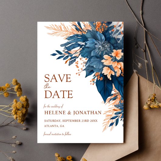 Blauw Terracotta Bloemrijke Elegante Trouwdag Save The Date