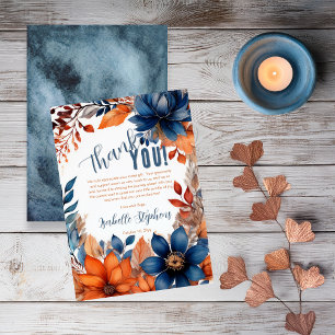Blauw   Terracotta Jongen Herfst Bloemen Baby Show Bedankkaart