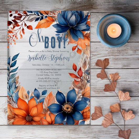 Blauw | Terracotta Oh Boy Herfst Floral Baby showe Acryl Uitnodigingen