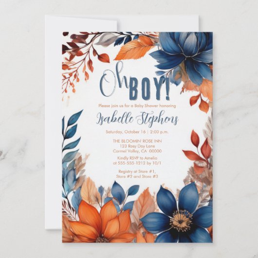 Blauw | Terracotta Oh Boy Herfst Floral Baby showe Kaart (Voorkant)