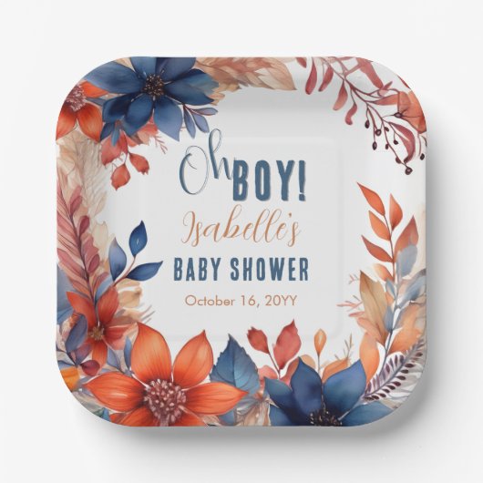 Blauw | Terracotta Oh Boy Herfst Floral Baby showe Papieren Bordje (Voorkant)