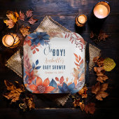 Blauw | Terracotta Oh Boy Herfst Floral Baby showe Papieren Bordje