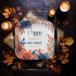 Blauw   Terracotta Oh Boy Herfst Floral Baby showe Papieren Bordje
