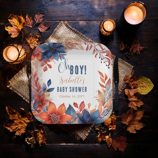 Blauw | Terracotta Oh Boy Herfst Floral Baby showe Papieren Bordje