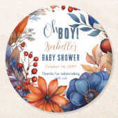 Blauw | Terracotta Oh Boy Herfst Floral Baby showe Ronde Kartonnen Onderzetter (Voorkant)