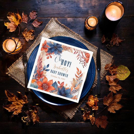 Blauw | Terracotta Oh Boy Herfst Floral Baby showe Servet