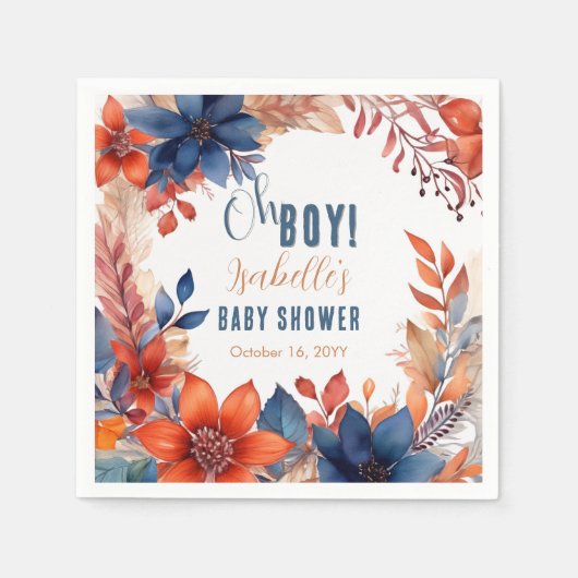 Blauw | Terracotta Oh Boy Herfst Floral Baby showe Servet (Voorkant)