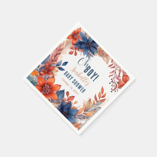 Blauw | Terracotta Oh Boy Herfst Floral Baby showe Servet (Hoek)