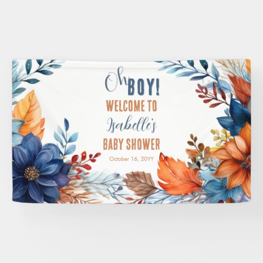 Blauw | Terracotta Oh Boy Herfst Floral Baby showe Spandoek (Horizontaal)