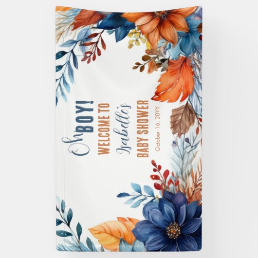 Blauw | Terracotta Oh Boy Herfst Floral Baby showe Spandoek (Verticaal)