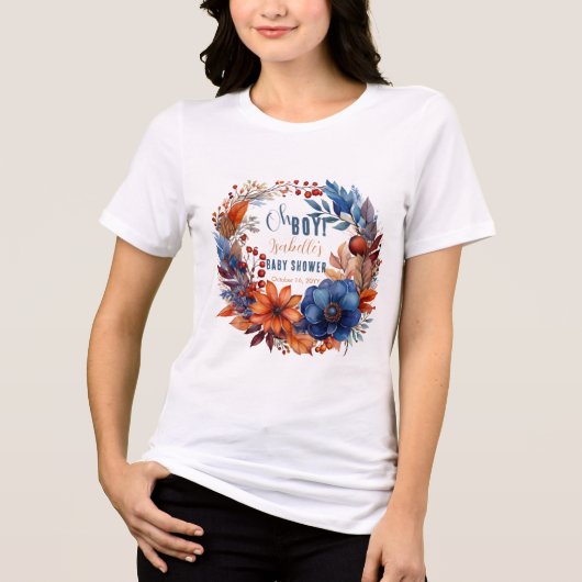 Blauw | Terracotta Oh Boy Herfst Floral Baby showe Tri-Blend Shirt (Voorkant)