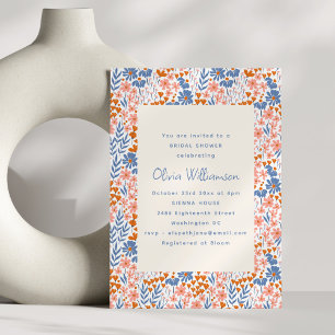 Blauw Terracotta Oranje Folk Bloemrijke Bruiloft Kaart