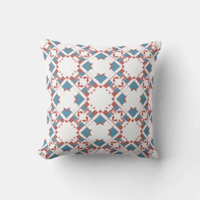 Blauw Terracotta Rood op Wit Diamant Mozaïek Kussen (Voorkant)