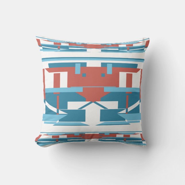 Blauw Terracotta Rood Wit Zuidwest Look Mozaïek Kussen (Voorkant)