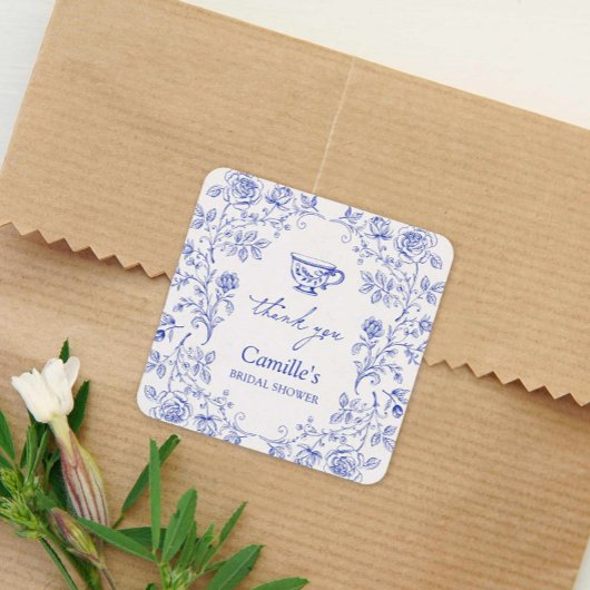 Blauw Thee Feest Bruiloft Bedankt Vierkante Sticker