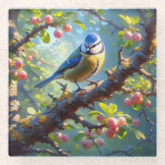 Blauw Tit 1 Glazen Onderzetter (Voorkant)