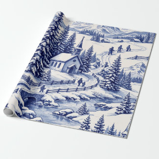 Blauw toile Alpen Winterdorp Besneeuwde Kerk Cadeaupapier