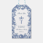 Blauw toile bloem doop cadeau label cadeaulabel (Voorkant)