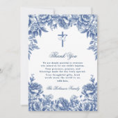 Blauw Toile Bloem Doop Dankjewel Kaart (Voorkant)