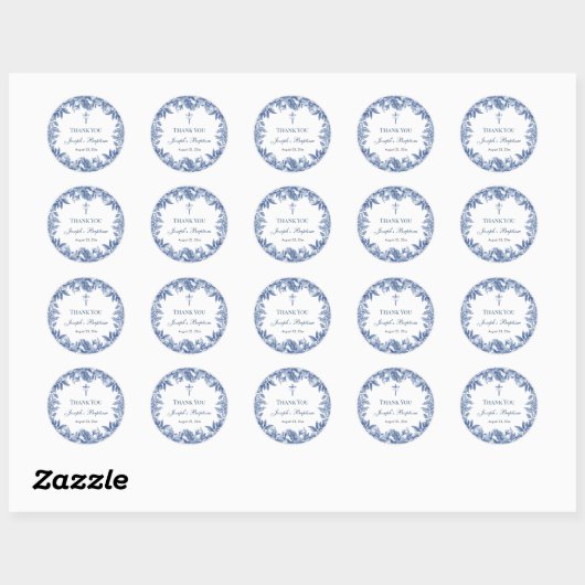 Blauw toile bloem doopfeest ronde sticker (Vel)
