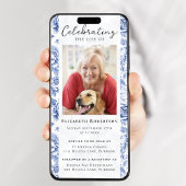 Blauw Toile Bloemen Foto Begrafenis Digitale Eviet Kaart